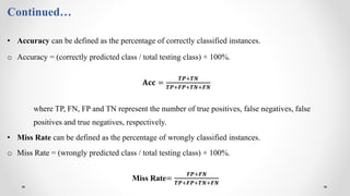• Accuracy can be defined as the percentage of correctly classified instances.
o Accuracy = (correctly predicted class / total testing class) × 100%.
𝐀𝐜𝐜 =
𝑻𝑷+𝑻𝑵
𝑻𝑷+𝑭𝑷+𝑻𝑵+𝑭𝑵
where TP, FN, FP and TN represent the number of true positives, false negatives, false
positives and true negatives, respectively.
• Miss Rate can be defined as the percentage of wrongly classified instances.
o Miss Rate = (wrongly predicted class / total testing class) × 100%.
Miss Rate=
𝑭𝑷+𝑭𝑵
𝑻𝑷+𝑭𝑷+𝑻𝑵+𝑭𝑵
Continued…
 