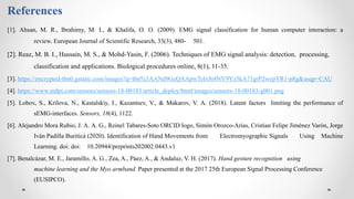 [1]. Ahsan, M. R., Ibrahimy, M. I., & Khalifa, O. O. (2009). EMG signal classification for human computer interaction: a
review. European Journal of Scientific Research, 33(3), 480- 501.
[2]. Reaz, M. B. I., Hussain, M. S., & Mohd-Yasin, F. (2006). Techniques of EMG signal analysis: detection, processing,
classification and applications. Biological procedures online, 8(1), 11-35.
[3]. https://encrypted-tbn0.gstatic.com/images?q=tbn%3AANd9GcQAApwTeIx8t4NV9Yz5kA71grP2wepYR1-p8g&usqp=CAU
[4]. https://www.mdpi.com/sensors/sensors-18-00183/article_deploy/html/images/sensors-18-00183-g001.png
[5]. Lobov, S., Krilova, N., Kastalskiy, I., Kazantsev, V., & Makarov, V. A. (2018). Latent factors limiting the performance of
sEMG-interfaces. Sensors, 18(4), 1122.
[6]. Alejandro Mora Rubio, J. A. A. G., Reinel Tabares-Soto ORCID logo, Simón Orozco-Arias, Cristian Felipe Jiménez Varón, Jorge
Iván Padilla Buriticá (2020). Identification of Hand Movements from Electromyographic Signals Using Machine
Learning. doi: doi: 10.20944/preprints202002.0443.v1
[7]. Benalcázar, M. E., Jaramillo, A. G., Zea, A., Páez, A., & Andaluz, V. H. (2017). Hand gesture recognition using
machine learning and the Myo armband. Paper presented at the 2017 25th European Signal Processing Conference
(EUSIPCO).
References
 