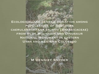 M Denniey Snyder
Ecological and genetic variation among
populations of Boechera
caeruleamontana sp. nov (Brassicaceae)
from Blue Mountain and Dinosaur
National Monument in eastern
Utah and western Colorado
 