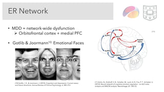 ER Network
• MDD = network-wide dysfunction
Ø Orbitofrontal cortex + medial PFC
• Gotlib & Joormann10: Emotional Faces
(10) Gotlib, I. H., & Joormann, J. (2010). Cognition and depression: Current status
and future directions. Annual Review of Clinical Psychology, 6, 285–312.
(11) Kohn, N., Eickhoff, S. B., Scheller, M., Laird, A. R., Fox, P. T., & Habel, U.
(2014). Neural network of cognitive emotion regulation – an ALE meta-
analysis and MACM analysis. NeuroImage, 87, 345-55.
(11)
 
