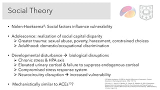 Social Theory
• Nolen-Hoeksema8: Social factors influence vulnerability
• Adolescence: realization of social capital disparity
Ø Greater trauma: sexual abuse, poverty, harassment, constrained choices
Ø Adulthood: domestic/occupational discrimination
• Developmental disturbance à biological disruptions
Ø Chronic stress & HPA axis
Ø Elevated urinary cortisol & failure to suppress endogenous cortisol
Ø Compromised stress response system
Ø Neurocircuitry disruption à increased vulnerability
• Mechanistically similar to ACEs13?
(12) Nolen-Hoeksema, S. (2001a). Gender Differences in Depression. Current
Directions in Psychological Science, 10(5), 173–176.
(13) Luby, J. L., Barch, D., Whalen, D., Tillman, R., & Belden, A. (2017). Association
Between Early Life Adversity and Risk for Poor Emotional and Physical Health in
Adolescence: A Putative Mechanistic Neurodevelopmental Pathway. JAMA Pediatrics,
171(12), 1168–1175.
 