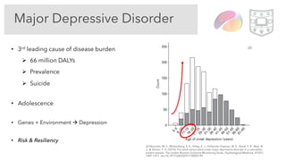 (2)
• 3rd leading cause of disease burden
Ø 66 million DALYs
Ø Prevalence
Ø Suicide
• Adolescence
• Genes + Environment à Depression
• Risk & Resiliency
(2) Noorden, M. S., Minkenberg, S. E., Giltay, E. J., Hollander-Gijsman, M. E., Rood, Y. R., Wee, N.
J., & Zitman, F. G. (2010). Pre-adult versus adult onset major depressive disorder in a naturalistic
patient sample: The Leiden Routine Outcome Monitoring Study. Psychological Medicine, 41(07),
1407-1417. doi:10.1017/s0033291710002199
Major Depressive Disorder
 