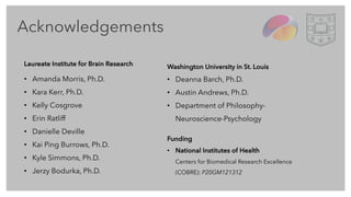 Acknowledgements
Laureate Institute for Brain Research
• Amanda Morris, Ph.D.
• Kara Kerr, Ph.D.
• Kelly Cosgrove
• Erin Ratliff
• Danielle Deville
• Kai Ping Burrows, Ph.D.
• Kyle Simmons, Ph.D.
• Jerzy Bodurka, Ph.D.
Washington University in St. Louis
• Deanna Barch, Ph.D.
• Austin Andrews, Ph.D.
• Department of Philosophy-
Neuroscience-Psychology
Funding
• National Institutes of Health
Centers for Biomedical Research Excellence
(COBRE): P20GM121312
 