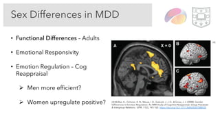 Sex Differences in MDD
• Functional Differences – Adults
• Emotional Responsivity
• Emotion Regulation – Cog
Reappraisal
Ø Men more efficient?
Ø Women upregulate positive?
(4)
(4) McRae, K., Ochsner, K. N., Mauss, I. B., Gabrieli, J. J. D., & Gross, J. J. (2008). Gender
Differences in Emotion Regulation: An fMRI Study of Cognitive Reappraisal. Group Processes
& Intergroup Relations : GPIR, 11(2), 143–162. https://doi.org/10.1177/1368430207088035
 