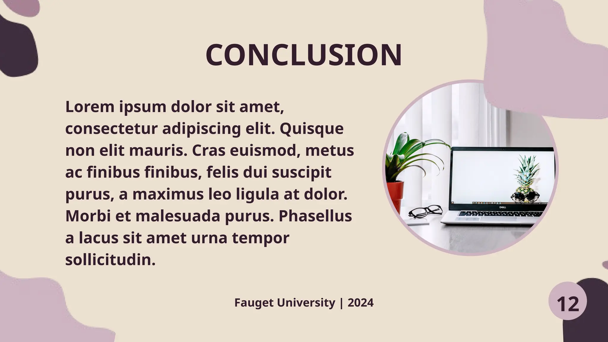 Lorem ipsum dolor sit amet,
consectetur adipiscing elit. Quisque
non elit mauris. Cras euismod, metus
ac finibus finibus, felis dui suscipit
purus, a maximus leo ligula at dolor.
Morbi et malesuada purus. Phasellus
a lacus sit amet urna tempor
sollicitudin.
12
CONCLUSION
Fauget University | 2024
 