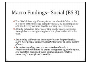 Macro%Findings–%Social%(ES.3)%
0  The%‘like’%differs%signiTicantly%from%the%‘checkCin’%due%to%the%
intention%of%the%message%being%broadcast,%by%attaching%one’s%
afTinity%directly%without%loyally%marking%one’s%territory.%
0  AfTinity%behaviors%differ%according%public%space%categories%
from%global%data%originating%from%the%place%rather%than%the%
user.%%
%
! Examining$differences$in$categories$can$help$urbanists$
learn$how$people$endorse$speci4ic$features$of$these$public$
places.$$$
! By$understanding$over@represented$and$under@
represented$behaviors$in$broad$categories$of$public$space,$
one$is$better$equipped$when$evaluating$the$relative$
success$of$a$speci4ic$intervention.$
 