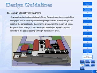 Design Guidelines Conduct a site Analysis“A solid understanding of the local climate, natural variability and growing season is critical. This can be left to the individual farmers or can be incorporated into the educational and site specific project elements” (CUA Designer, 2009). “Some of the major constraints to rooftop farming are site specific – increased load (including live load of people actively using the rooftop space), water penetration and storage issues and infrastructure for transporting goods to and from the roof. None of these are unique to rooftop farming and are easily overcome. It’s a bit more challenging in existing buildings, but again, not impossible” (CUA Designer, 2009).