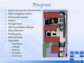 Design GuidelinesUse methods for pest control“The ozone is an issue. Large mice, and birds are recent problems and we are trying to figure out what to do about this problem as we speak” (Trent U professor, 2009).“Pesticide in native plants you don’t use much pesticides or herbicides. It’s just a lot of consideration I think a landscape architect would be very familiar with” (CF Professor, 2009).“Birds can eat the food because it’s an open and high level resource” (Landscape Designer, 2009).“Wildlife is an issue that’s handled appropriately in many urban and rural farm settings (to say nothing of green roofs) and given the right education and stewardship can be controlled in a non-invasive, healthy way” (CUA Designer, 2009).“Some wildlife is encouraged. Not all wildlife”(Trent U professor, 2009).