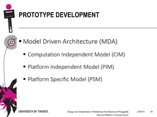 27/9/14Design and Instantiation of Reference Architecture of Pluggable
Service Platform in E-Commerce
18
PROTOTYPE DEVELOPMENT
 Model Driven Architecture (MDA)
 Computation Independent Model (CIM)
 Platform Independent Model (PIM)
 Platform Specific Model (PSM)
 
