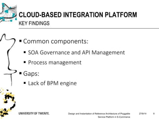 Common components:
 SOA Governance and API Management
 Process management
 Gaps:
 Lack of BPM engine
27/9/14Design and Instantiation of Reference Architecture of Pluggable
Service Platform in E-Commerce
9
CLOUD-BASED INTEGRATION PLATFORM
KEY FINDINGS
 