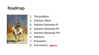 Roadmap
1. The problem
2. Previous Work
3. Solution Rationale PI
4. Solution Rationale PII
5. Solution Rationale PIII
6. Platform
7. Evaluation
8. Conclusions
 