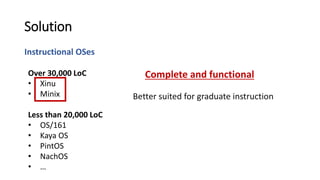 Instructional OSes
Solution
Better suited for graduate instruction
Over 30,000 LoC
• Xinu
• Minix
Less than 20,000 LoC
• OS/161
• Kaya OS
• PintOS
• NachOS
• …
Complete and functional
 