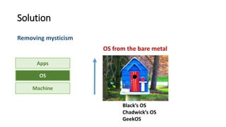 Solution
Removing mysticism
OS
Apps
Machine
Black’s OS
Chadwick’s OS
GeekOS
OS from the bare metal
 