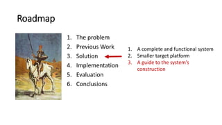 Roadmap
1. The problem
2. Previous Work
3. Solution
4. Implementation
5. Evaluation
6. Conclusions
1. A complete and functional system
2. Smaller target platform
3. A guide to the system’s
construction
 