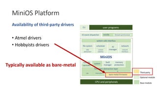 MiniOS Platform
Availability of third-party drivers
• Atmel drivers
• Hobbyists drivers
Typically available as bare-metal
 