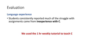 Evaluation
Language experience
• Students consistently reported much of the struggle with
assignments came from inexperience with C.
We used the 1 hr weekly tutorial to teach C
 