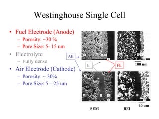 Westinghouse Single Cell
• Fuel Electrode (Anode)
– Porosity: ~30 %
– Pore Size: 5- 15 um
• Electrolyte
– Fully dense
• Air Electrode (Cathode)
– Porosity: ~ 30%
– Pore Size: 5 – 25 um
___
40 um
___
100 um
AE
E FE
BEISEM
 