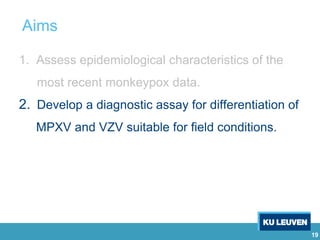 19
1. Assess epidemiological characteristics of the
most recent monkeypox data.
2. Develop a diagnostic assay for differentiation of
MPXV and VZV suitable for field conditions.
Aims
 