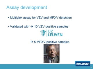 21
Assay development
• Multiplex assay for VZV and MPXV detection
• Validated with  10 VZV-positive samples
 5 MPXV-positive samples
 