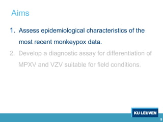9
1. Assess epidemiological characteristics of the
most recent monkeypox data.
2. Develop a diagnostic assay for differentiation of
MPXV and VZV suitable for field conditions.
Aims
 