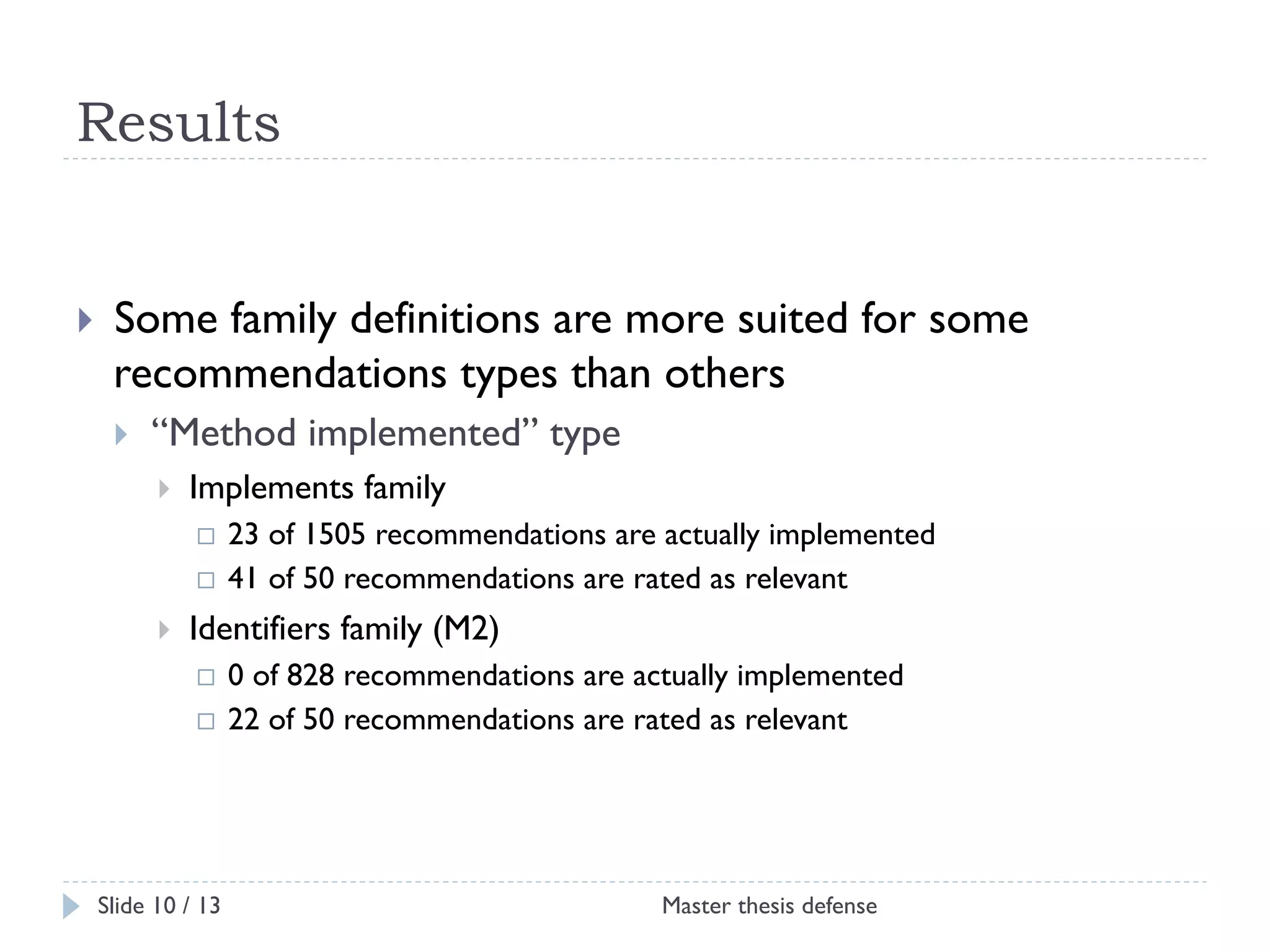 Results

! 

Some family definitions are more suited for some
recommendations types than others
! 

“Method implemented” type
! 

Implements family
23 of 1505 recommendations are actually implemented
¨  41 of 50 recommendations are rated as relevant
¨ 

! 

Identifiers family (M2)
0 of 828 recommendations are actually implemented
¨  22 of 50 recommendations are rated as relevant
¨ 

Slide 10 / 13

Master thesis defense

 