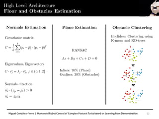Miguel González-Fierro | Humanoid Robot Control of Complex Postural Tasks based on Learning from Demonstration 52
High Level Architecture
Floor and Obstacles Estimation
Normals Estimation Plane Estimation Obstacle Clustering
Covariance matrix
Eigenvalues/Eigenvectors
Normals direction
RANSAC
Inliers: 70% (Plane)
Outliers: 30% (Obstacles)
Euclidean Clustering using
K-mean and KD-trees
 