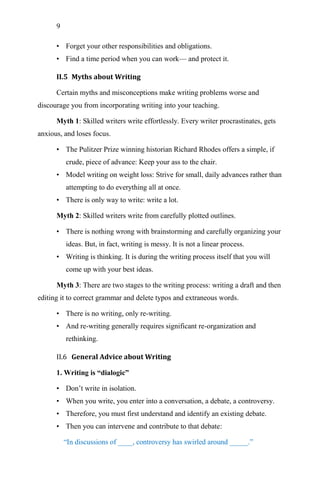 9
• Forget your other responsibilities and obligations.
• Find a time period when you can work— and protect it.
II.5 Myths about Writing
Certain myths and misconceptions make writing problems worse and
discourage you from incorporating writing into your teaching.
Myth 1: Skilled writers write effortlessly. Every writer procrastinates, gets
anxious, and loses focus.
• The Pulitzer Prize winning historian Richard Rhodes offers a simple, if
crude, piece of advance: Keep your ass to the chair.
• Model writing on weight loss: Strive for small, daily advances rather than
attempting to do everything all at once.
• There is only way to write: write a lot.
Myth 2: Skilled writers write from carefully plotted outlines.
• There is nothing wrong with brainstorming and carefully organizing your
ideas. But, in fact, writing is messy. It is not a linear process.
• Writing is thinking. It is during the writing process itself that you will
come up with your best ideas.
Myth 3: There are two stages to the writing process: writing a draft and then
editing it to correct grammar and delete typos and extraneous words.
• There is no writing, only re-writing.
• And re-writing generally requires significant re-organization and
rethinking.
II.6 General Advice about Writing
1. Writing is “dialogic”
• Don‘t write in isolation.
• When you write, you enter into a conversation, a debate, a controversy.
• Therefore, you must first understand and identify an existing debate.
• Then you can intervene and contribute to that debate:
―In discussions of ____, controversy has swirled around _____.‖
 