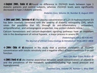 August 2001, Isaia et al:Found no difference in 25(OH)D levels between type 1
diabetic patients and control subjects, whereas 25(OH)D levels were significantly
decreased in type 2 diabetic patients.
Diabetes Care, Volume 24, Number 8, August 2001

2001 and 2005, Taverna et al :The plasma concentration of 1,25 Di-hydroxyvitamin D3
has been inversely correlated with the severity of diabetic retinopathy (DR), which
raises the possibility that VD, through its anti-inflammatory , antioxidant,
antiproliferative , and antiangiogenic properties, may protect diabetic retina.
Calcium homeostasis and calcium-dependent signaling pathways have an important
role in the development of retinal hypoxia , a major process in severe DR.
Diabetologia(2002) 45:436-442
The Journal of Clinical Endocrinology & Metabolism 90(8):4803–4808

 2004 Chiu et al:Showed in his study that a positive correlation of 25(OH)D
concentration with insulin sensitivity and a negative effect of hypovitaminosis D on cell
function.
Am J Clin Nutr 2004;79:820 –5

2005 Ford et al :An inverse association between serum concentrations of vitamin D
and the prevalence of the metabolic syndrome(including high blood pressure and
hyperglycemia)
Diabetes Care, Volume 28, Number 5, May 2005

 