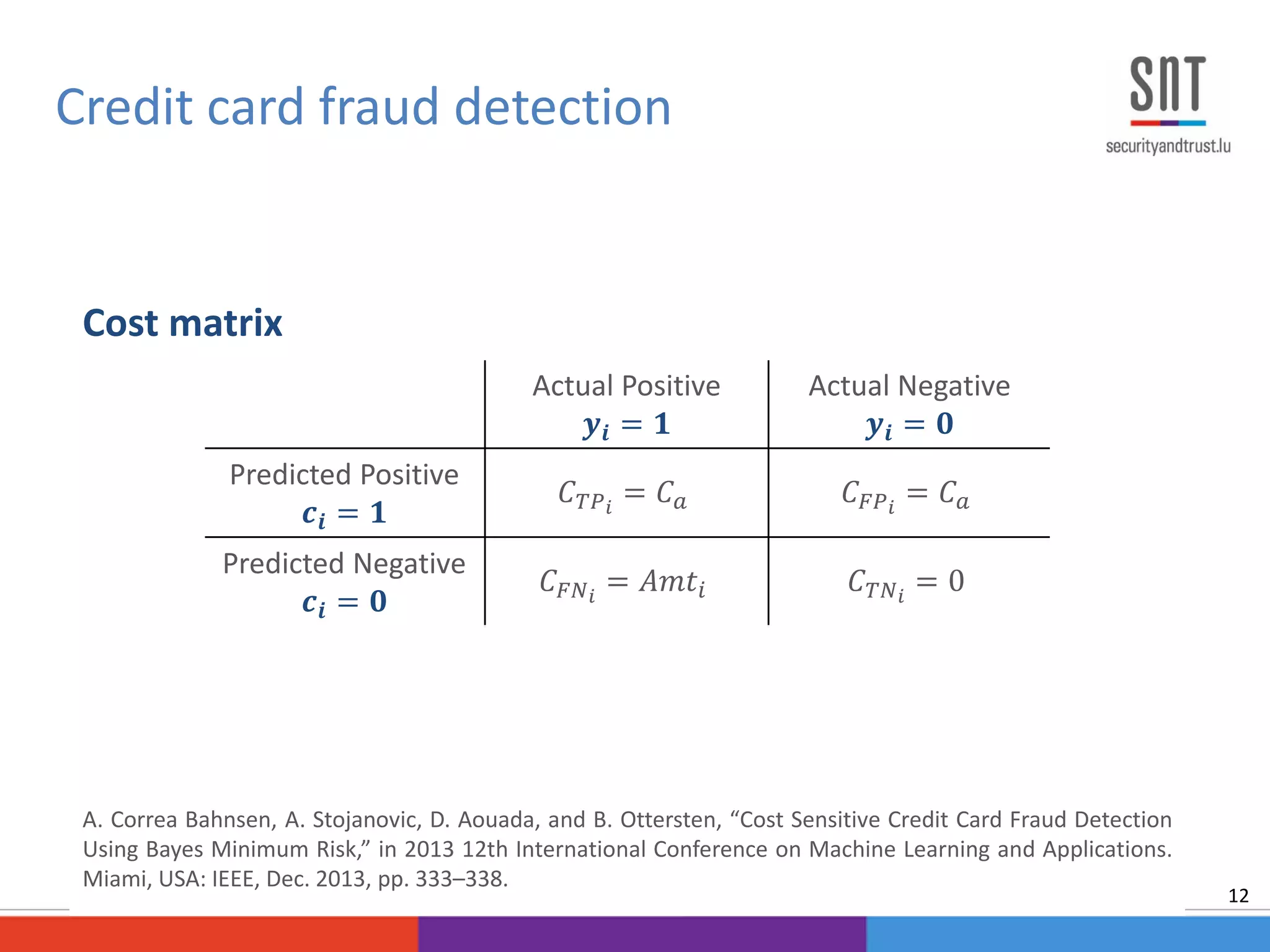 Cost matrix
A. Correa Bahnsen, A. Stojanovic, D. Aouada, and B. Ottersten, “Cost Sensitive Credit Card Fraud Detection
Using Bayes Minimum Risk,” in 2013 12th International Conference on Machine Learning and Applications.
Miami, USA: IEEE, Dec. 2013, pp. 333–338.
Credit card fraud detection
12
Actual Positive
𝒚𝒊 = 𝟏
Actual Negative
𝒚𝒊 = 𝟎
Predicted Positive
𝒄𝒊 = 𝟏
𝐶 𝑇𝑃 𝑖
= 𝐶 𝑎 𝐶 𝐹𝑃 𝑖
= 𝐶 𝑎
Predicted Negative
𝒄𝒊 = 𝟎
𝐶 𝐹𝑁 𝑖
= 𝐴𝑚𝑡𝑖 𝐶 𝑇𝑁 𝑖
= 0
 