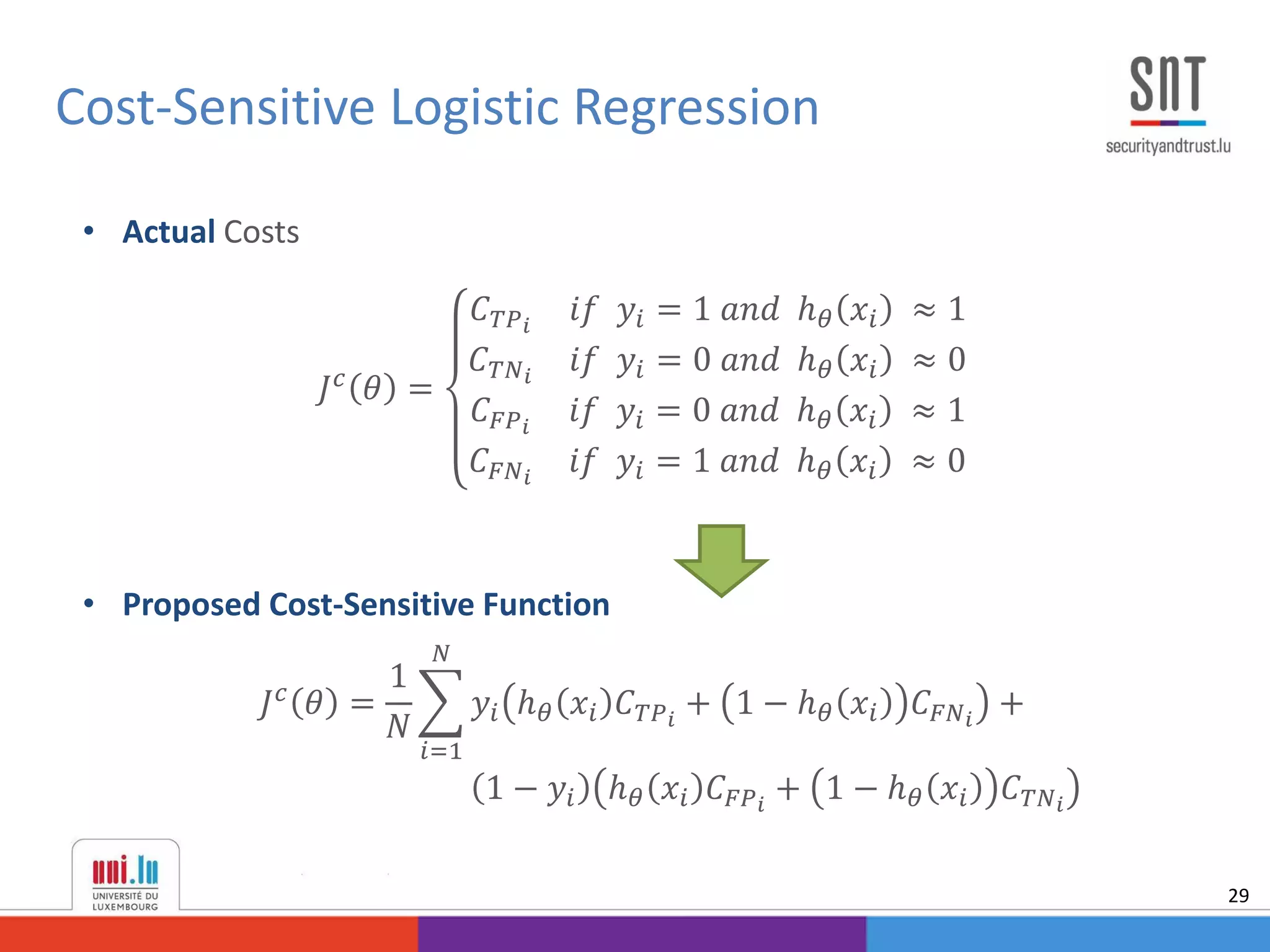 Cost-Sensitive Logistic Regression
29
• Actual Costs
𝐽 𝑐 𝜃 =
𝐶 𝑇𝑃 𝑖
𝑖𝑓 𝑦𝑖 = 1 𝑎𝑛𝑑 ℎ 𝜃 𝑥𝑖 ≈ 1
𝐶 𝑇𝑁 𝑖
𝑖𝑓 𝑦𝑖 = 0 𝑎𝑛𝑑 ℎ 𝜃 𝑥𝑖 ≈ 0
𝐶 𝐹𝑃 𝑖
𝑖𝑓 𝑦𝑖 = 0 𝑎𝑛𝑑 ℎ 𝜃 𝑥𝑖 ≈ 1
𝐶 𝐹𝑁 𝑖
𝑖𝑓 𝑦𝑖 = 1 𝑎𝑛𝑑 ℎ 𝜃 𝑥𝑖 ≈ 0
• Proposed Cost-Sensitive Function
𝐽 𝑐 𝜃 =
1
𝑁
𝑖=1
𝑁
𝑦𝑖 ℎ 𝜃 𝑥𝑖 𝐶 𝑇𝑃 𝑖
+ 1 − ℎ 𝜃 𝑥𝑖 𝐶 𝐹𝑁 𝑖
+
1 − 𝑦𝑖 ℎ 𝜃 𝑥𝑖 𝐶 𝐹𝑃 𝑖
+ 1 − ℎ 𝜃 𝑥𝑖 𝐶 𝑇𝑁 𝑖
 