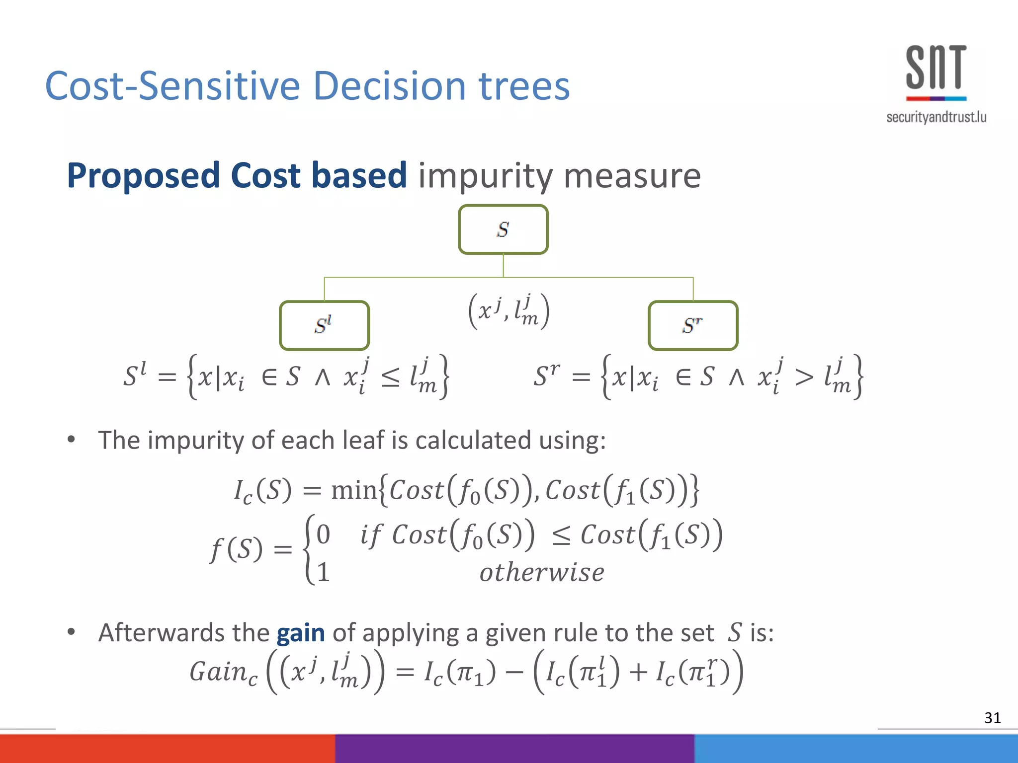 Cost-Sensitive Decision trees
31
Proposed Cost based impurity measure
𝑆 𝑙 = 𝑥|𝑥𝑖 ∈ 𝑆 ∧ 𝑥𝑖
𝑗
≤ 𝑙 𝑚
𝑗
𝑆 𝑟 = 𝑥|𝑥𝑖 ∈ 𝑆 ∧ 𝑥𝑖
𝑗
> 𝑙 𝑚
𝑗
• The impurity of each leaf is calculated using:
𝐼𝑐 𝑆 = min 𝐶𝑜𝑠𝑡 𝑓0 𝑆 , 𝐶𝑜𝑠𝑡 𝑓1 𝑆
𝑓 𝑆 =
0 𝑖𝑓 𝐶𝑜𝑠𝑡 𝑓0 𝑆 ≤ 𝐶𝑜𝑠𝑡 𝑓1 𝑆
1 𝑜𝑡ℎ𝑒𝑟𝑤𝑖𝑠𝑒
• Afterwards the gain of applying a given rule to the set 𝑆 is:
𝐺𝑎𝑖𝑛 𝑐 𝑥 𝑗, 𝑙 𝑚
𝑗
= 𝐼𝑐 𝜋1 − 𝐼𝑐 𝜋1
𝑙
+ 𝐼𝑐 𝜋1
𝑟
S
S S
𝑥 𝑗, 𝑙 𝑚
𝑗
 