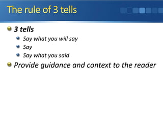 3 tells
Say what you will say
Say
Say what you said
Provide guidance and context to the reader
 