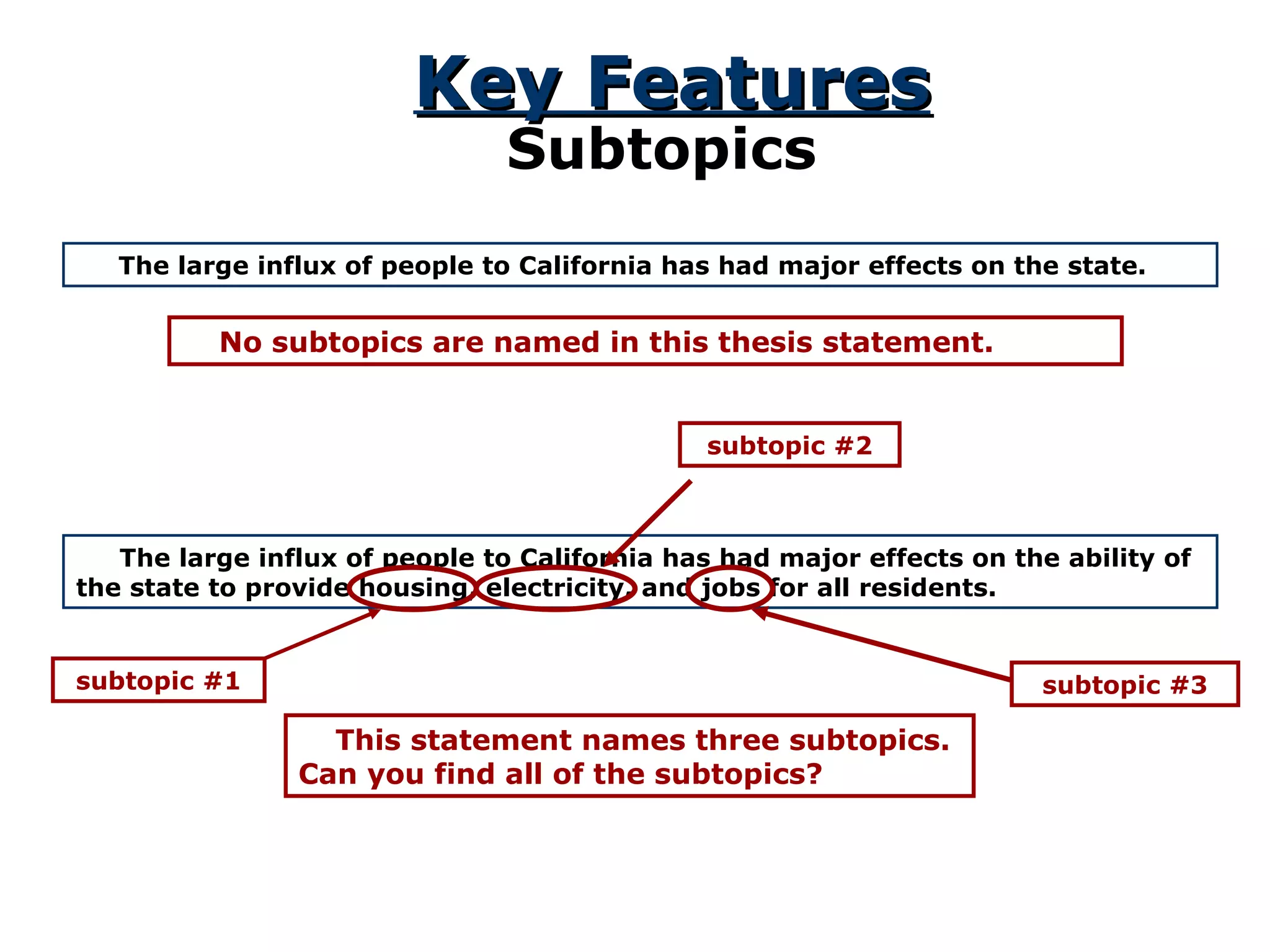 Key Features Subtopics The large influx of people to California has had major effects on the state. No subtopics are named in this thesis statement. The large influx of people to California has had major effects on the ability of the state to provide housing, electricity, and jobs for all residents. This statement names three subtopics.  Can you find all of the subtopics? subtopic #1 subtopic #2 subtopic #3 