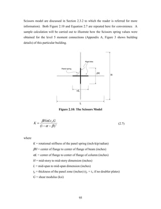 95
Scissors model are discussed in Section 2.3.2 to which the reader is referred for more
information). Both Figure 2.10 and Equation 2.7 are repeated here for convenience. A
sample calculation will be carried out to illustrate how the Scissors spring values were
obtained for the level 5 moment connections (Appendix A, Figure 3 shows building
details) of this particular building.
Figure 2.10: The Scissors Model
2
)1( βα
αβ
−−
=
GLtH
K P
(2.7)
where
K = rotational stiffness of the panel spring (inch-kip/radian)
βH = center of flange to center of flange of beam (inches)
αL = center of flange to center of flange of column (inches)
H = mid-story to mid-story dimension (inches)
L = mid-span to mid-span dimension (inches)
tp = thickness of the panel zone (inches) (tp = tw if no doubler plates)
G = shear modulus (ksi)
 
