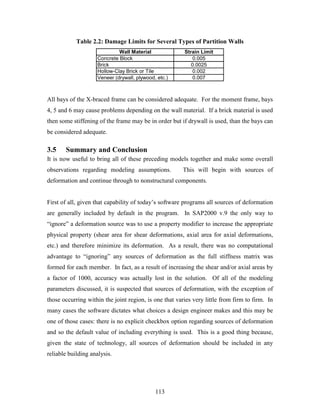 113
Table 2.2: Damage Limits for Several Types of Partition Walls
Wall Material Strain Limit
Concrete Block 0.005
Brick 0.0025
Hollow-Clay Brick or Tile 0.002
Veneer (drywall, plywood, etc.) 0.007
All bays of the X-braced frame can be considered adequate. For the moment frame, bays
4, 5 and 6 may cause problems depending on the wall material. If a brick material is used
then some stiffening of the frame may be in order but if drywall is used, than the bays can
be considered adequate.
3.5 Summary and Conclusion
It is now useful to bring all of these preceding models together and make some overall
observations regarding modeling assumptions. This will begin with sources of
deformation and continue through to nonstructural components.
First of all, given that capability of today’s software programs all sources of deformation
are generally included by default in the program. In SAP2000 v.9 the only way to
“ignore” a deformation source was to use a property modifier to increase the appropriate
physical property (shear area for shear deformations, axial area for axial deformations,
etc.) and therefore minimize its deformation. As a result, there was no computational
advantage to “ignoring” any sources of deformation as the full stiffness matrix was
formed for each member. In fact, as a result of increasing the shear and/or axial areas by
a factor of 1000, accuracy was actually lost in the solution. Of all of the modeling
parameters discussed, it is suspected that sources of deformation, with the exception of
those occurring within the joint region, is one that varies very little from firm to firm. In
many cases the software dictates what choices a design engineer makes and this may be
one of those cases: there is no explicit checkbox option regarding sources of deformation
and so the default value of including everything is used. This is a good thing because,
given the state of technology, all sources of deformation should be included in any
reliable building analysis.
 