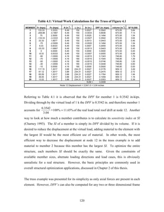 120
Table 4.1: Virtual Work Calculations for the Truss of Figure 4.1
MEMBER Fr (kips) Fv (kips) A (in.
2
) L (in.) δδδδr (in.) DPF (in.-kips) volume (in.
3
) SI*10,000
1 133.33 3.3333 6.49 150 0.0027 0.3542 973.50 3.64
2 -208.88 -4.1667 6.49 150 -0.0033 0.6936 973.50 7.13
3 75 2.5000 6.49 150 0.0020 0.1494 973.50 1.54
4 -133.33 -3.3333 6.49 150 -0.0027 0.3542 973.50 3.64
5 33.33 1.6677 6.49 150 0.0013 0.0443 973.50 0.46
6 -75 -2.5000 6.49 150 -0.0020 0.1494 973.50 1.54
7 8.33 0.8333 6.49 150 0.0007 0.0055 973.50 0.06
8 -33.33 -1.6667 6.49 150 -0.0013 0.0443 973.50 0.45
9 0 0.0000 6.49 150 0.0000 0.0000 973.50 0.00
10 -8.33 -0.8333 6.49 150 -0.0007 0.0055 973.50 0.06
11 -90 -1.0000 4.16 180 -0.0015 0.1343 748.80 1.79
12 -70 -1.0000 4.16 180 -0.0015 0.1044 748.80 1.39
13 -50 -1.0000 4.16 180 -0.0015 0.0746 748.80 1.00
14 -30 -1.0000 4.16 180 -0.0015 0.0448 748.80 0.60
15 -10 0.0000 4.16 180 0.0000 0.0000 748.80 0.00
16 117.15 1.3017 3.88 234.31 0.0027 0.3176 909.12 3.49
17 91.12 1.3017 3.88 234.31 0.0027 0.2470 909.12 2.72
18 65.09 1.3017 3.88 234.31 0.0027 0.1764 909.12 1.94
19 39.05 1.3017 3.88 234.31 0.0027 0.1059 909.12 1.16
20 13.02 1.3017 3.88 234.31 0.0027 0.0353 909.12 0.39
SUM = 3.0408
Node 12 Displacement = 3.04/1.0 = 3.04 inches
Referring to Table 4.1 it is observed that the DPF for member 1 is 0.3542 in-kips.
Dividing through by the virtual load of 1 k the DPF is 0.3542 in. and therefore member 1
accounts for %65.11%100
04.3
3542.0
=∗ of the real load total roof drift at node 12. Another
way to look at how much a member contributes is to calculate its sensitivity index or SI
(Charney 1993). The SI of a member is simply its DPF divided by its volume. If it is
desired to reduce the displacement at the virtual load, adding material to the element with
the largest SI would be the most efficient use of material. In other words, the most
efficient way to decrease the displacement at node 12 in the truss example is to add
material to member 2 because this member has the largest SI. To optimize the entire
structure, each members SI should be exactly the same. Given the constraints of
available member sizes, alternate loading directions and load cases, this is obviously
unrealistic for a real structure. However, the basic principles are commonly used in
overall structural optimization applications, discussed in Chapter 2 of this thesis.
The truss example was presented for its simplicity as only axial forces are present in each
element. However, DPF’s can also be computed for any two or three dimensional frame
 