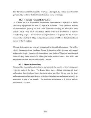 130
that the various contributions can be observed. Once again, the vertical axis shows the
percent of the total roof drift that that deformation source contributes.
4.5.1 Axial and Flexural Deformations
As expected, the axial deformations are dominant for the narrow (5 bays at 10 ft) frames
and nearly negligible for the wide (13 bays at 20 ft) frames. This is consistent with the
recommendations given by the ASCE task committee following the 1988 Wind Drift
Survey (ASCE 1988). In all cases there is a trend for the axial deformations to increase
with building height. The maximum axial participation is 58 percent for the 50 story
framed tube with five 10 ft bays (with a slenderness ratio of 12.5 it is the tallest and most
narrow of the 45 models).
Flexural deformations are inversely proportional to the axial deformations. The wider,
shorter frames experience significant flexural deformations which decrease with respect
to increasing height. As expected, the maximum contribution of 56 percent was observed
in the 10 story frame with ten 20 ft bays (the widest, shortest frame). This model also
experienced the least percent axial at just 0.1 percent.
4.5.2 Shear Deformations
In general the shear deformations tend to increase with the number of bays but decrease
with the width of the bays. The framed tubes show a higher percentage of shear
deformation than the planar frames due to the shear lag effect. In any case, the shear
deformations contribute significantly to the lateral displacement and cannot rationally be
discounted in any of the models. The minimum contribution is 9 percent and the
maximum is 16 percent.
 