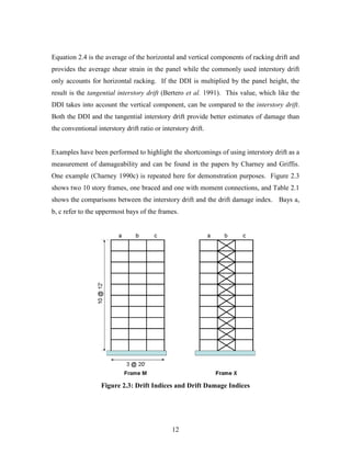 12
Equation 2.4 is the average of the horizontal and vertical components of racking drift and
provides the average shear strain in the panel while the commonly used interstory drift
only accounts for horizontal racking. If the DDI is multiplied by the panel height, the
result is the tangential interstory drift (Bertero et al. 1991). This value, which like the
DDI takes into account the vertical component, can be compared to the interstory drift.
Both the DDI and the tangential interstory drift provide better estimates of damage than
the conventional interstory drift ratio or interstory drift.
Examples have been performed to highlight the shortcomings of using interstory drift as a
measurement of damageability and can be found in the papers by Charney and Griffis.
One example (Charney 1990c) is repeated here for demonstration purposes. Figure 2.3
shows two 10 story frames, one braced and one with moment connections, and Table 2.1
shows the comparisons between the interstory drift and the drift damage index. Bays a,
b, c refer to the uppermost bays of the frames.
Figure 2.3: Drift Indices and Drift Damage Indices
 