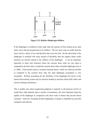 34
Figure 2.12: Relative Diaphragm Stiffness
If the diaphragm is modeled as fully rigid, then the amount of force picked up by each
shear wall is directly proportional to its stiffness. The two outer walls are stiffer than the
inner wall by a factor of two and therefore take twice the load. On the other hand, if the
diaphragm is modeled with some amount of flexibility then the support (shear walls)
reactions are directly related to the stiffness of the diaphragm. It can be important,
especially in shear wall structures where the concrete shear walls are very rigid as
compared to the floor slab, to model the concrete floor slabs as flexible diaphragms (Su et
al. 2005). If the lateral system is moment resisting frames, which are relatively flexible
as compared to the concrete floor slab, the rigid diaphragm assumption is very
reasonable. Without accounting for the flexibility of the diaphragm the forces in the
lateral load resisting system may be incorrect leading to incorrect lateral drift values and
incorrect damage calculations.
This is another area where engineering judgment is required, as the decision on how to
model floor slabs depends upon a number of parameters, the most important being the
rigidity of the diaphragm as compared to the shear walls or frames that provide lateral
resistance. However, including flexible diaphragms in design is simplified by powerful
computers and software.
 