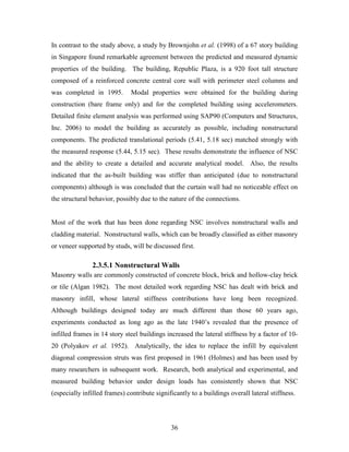 36
In contrast to the study above, a study by Brownjohn et al. (1998) of a 67 story building
in Singapore found remarkable agreement between the predicted and measured dynamic
properties of the building. The building, Republic Plaza, is a 920 foot tall structure
composed of a reinforced concrete central core wall with perimeter steel columns and
was completed in 1995. Modal properties were obtained for the building during
construction (bare frame only) and for the completed building using accelerometers.
Detailed finite element analysis was performed using SAP90 (Computers and Structures,
Inc. 2006) to model the building as accurately as possible, including nonstructural
components. The predicted translational periods (5.41, 5.18 sec) matched strongly with
the measured response (5.44, 5.15 sec). These results demonstrate the influence of NSC
and the ability to create a detailed and accurate analytical model. Also, the results
indicated that the as-built building was stiffer than anticipated (due to nonstructural
components) although is was concluded that the curtain wall had no noticeable effect on
the structural behavior, possibly due to the nature of the connections.
Most of the work that has been done regarding NSC involves nonstructural walls and
cladding material. Nonstructural walls, which can be broadly classified as either masonry
or veneer supported by studs, will be discussed first.
2.3.5.1 Nonstructural Walls
Masonry walls are commonly constructed of concrete block, brick and hollow-clay brick
or tile (Algan 1982). The most detailed work regarding NSC has dealt with brick and
masonry infill, whose lateral stiffness contributions have long been recognized.
Although buildings designed today are much different than those 60 years ago,
experiments conducted as long ago as the late 1940’s revealed that the presence of
infilled frames in 14 story steel buildings increased the lateral stiffness by a factor of 10-
20 (Polyakov et al. 1952). Analytically, the idea to replace the infill by equivalent
diagonal compression struts was first proposed in 1961 (Holmes) and has been used by
many researchers in subsequent work. Research, both analytical and experimental, and
measured building behavior under design loads has consistently shown that NSC
(especially infilled frames) contribute significantly to a buildings overall lateral stiffness.
 