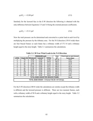 83
qhGCp = -12.09 psf (3.5)
Similarly for the leeward face in the E-W direction the following is obtained with the
only difference between Equations 3.5 and 3.6 being the external pressure coefficients.
qhGCp = -15.11 psf (3.6)
Now the total pressure can be determined and converted to a point load at each level by
multiplying the pressure by the tributary area. For the N-S direction (150 ft wide) there
are four braced frames so each frame has a tributary width of 37.5 ft and a tributary
height equal to the story height. Table 3.1 summarizes the calculations.
Table 3.1: 50 Year Wind Loads in the N-S Direction
Area Point load on each braced
LEVEL Height (ft) Windward Leeward TOTAL (ft2
) frame (kips)
2 18 15.56 12.09 27.65 581.25 16.07
3 31 17.70 12.09 29.79 487.5 14.52
4 44 19.06 12.09 31.15 487.5 15.18
5 57 20.13 12.09 32.22 487.5 15.71
6 70 21.02 12.09 33.11 487.5 16.14
7 83 21.78 12.09 33.87 487.5 16.51
8 96 22.46 12.09 34.55 487.5 16.84
9 109 23.07 12.09 35.16 487.5 17.14
10 122 23.62 12.09 35.71 487.5 17.41
R 135 24.13 12.09 36.22 243.75 8.83
154.36TOTAL BASE SHEAR PER BRACED FRAME:
TOTAL BASE SHEAR = 4 frames*154.36 = 617.44 kips
PRESSURE (psf)
For the E-W direction (100 ft wide) the calculations are similar except the tributary width
is different and the leeward pressure is different. There are two moment frames, each
with a tributary width of 50 ft and a tributary height equal to the story height. Table 3.2
summarizes the calculations.
 