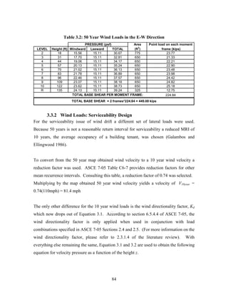 84
Table 3.2: 50 Year Wind Loads in the E-W Direction
Area Point load on each moment
LEVEL Height (ft) Windward Leeward TOTAL (ft2
) frame (kips)
2 18 15.56 15.11 30.67 775 23.77
3 31 17.70 15.11 32.81 650 21.33
4 44 19.06 15.11 34.17 650 22.21
5 57 20.13 15.11 35.24 650 22.90
6 70 21.02 15.11 36.13 650 23.48
7 83 21.78 15.11 36.89 650 23.98
8 96 22.46 15.11 37.57 650 24.42
9 109 23.07 15.11 38.18 650 24.82
10 122 23.62 15.11 38.73 650 25.18
R 135 24.13 15.11 39.24 325 12.75
224.84
TOTAL BASE SHEAR = 2 frames*224.84 = 449.68 kips
TOTAL BASE SHEAR PER MOMENT FRAME:
PRESSURE (psf)
3.3.2 Wind Loads: Serviceability Design
For the serviceability issue of wind drift a different set of lateral loads were used.
Because 50 years is not a reasonable return interval for serviceability a reduced MRI of
10 years, the average occupancy of a building tenant, was chosen (Galambos and
Ellingwood 1986).
To convert from the 50 year map obtained wind velocity to a 10 year wind velocity a
reduction factor was used. ASCE 7-05 Table C6-7 provides reduction factors for other
mean recurrence intervals. Consulting this table, a reduction factor of 0.74 was selected.
Multiplying by the map obtained 50 year wind velocity yields a velocity of V10year =
0.74(110mph) = 81.4 mph
The only other difference for the 10 year wind loads is the wind directionality factor, Kd
which now drops out of Equation 3.1. According to section 6.5.4.4 of ASCE 7-05, the
wind directionality factor is only applied when used in conjunction with load
combinations specified in ASCE 7-05 Sections 2.4 and 2.5. (For more information on the
wind directionality factor, please refer to 2.3.1.4 of the literature review). With
everything else remaining the same, Equation 3.1 and 3.2 are used to obtain the following
equation for velocity pressure as a function of the height z.
 