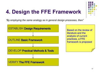 17
4. Design the FFE Framework
ESTABLISH Design Requirements
OUTLINE Basic Framework
DEVELOP Practical Methods & Tools
VERIFY The FFE Framework
“By employing the same analogy as in general design processes, then”
Based on the review of
literature and the
analysis of current
practices, a FFE
framework is proposed
 