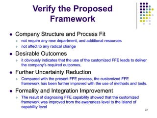 23
Verify the Proposed
Framework
 Company Structure and Process Fit
 not require any new department, and additional resources
 not affect to any radical change
 Desirable Outcomes
 it obviously indicates that the use of the customized FFE leads to deliver
the company’s required outcomes.
 Further Uncertainty Reduction
 Compared with the present FFE process, the customized FFE
framework has been further improved with the use of methods and tools.
 Formality and Integration Improvement
 The result of diagnosing FFE capability showed that the customized
framework was improved from the awareness level to the island of
capability level
 