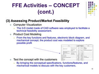 32
FFE Activities – CONCEPT
(cont.)
(3) Assessing Product/Market Feasibility
 Computer Visualization
 The 3-D model made of CAD software was employed to facilitate a
technical feasibility assessment.
 Product Cost Modeling
 From the key functions and features, electronic block diagram, and
mechanical concept, the product cost was modeled to explore
possible profit
 Test the concept with the customers
 By bringing the conceptual specifications, functions/features, and
mechanical models to discuss with the key customers.
 