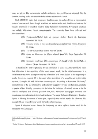 33
treats are given. The last example includes references to a well known animated film for
children Finding Nemo and another crime film for adults Pulp Fiction.
Reah (2002:18) states that newspaper headlines can be analyzed from a phonological
point of view as well. Even though headlines are written to be read, headline writers use the
reader‘s awareness of sound in order to make them more memorable. Newspaper headlines
can include alliteration, rhyme, onomatopoeia. The examples have been collected and
provided below:
(67) Two boys find baby‘s body at popular Sydney beach (J. Pearlman,
November 30, 2014).
(68) Costume drama is back as streaming goes mainstream (News, December
27, 2014).
(69) The cat that quacked (News, May 13, 2014).
(70) Listen up Cameron, the Queen doesn't 'purr' (H. Betts, September 24,
2014).
(71) Germany celebrates 25th anniversary of the fall of the Berlin Wall, in
pictures (News, November 10, 2014).
In headlines 67 and 68 phonetic device alliteration is used. McArthur (1992:29) states
that alliteration is the repetition of the same sound, usually in the initial consonant. It is
illustrated in the above example where the alliteration of b sound occurs in the beginning of
words. However, example 68 is the case where repetition of s sound is not in the initial
position. Examples 69 and 70 include onomatopoeia. According to Reference Dictionary6
onomatopoeia is the use of imitative and naturally suggestive words for rhetorical, dramatic
or poetic effect. Usually onomatopoeia includes the imitation of animal noises as in the
selected examples that involve quacked and purr. Moreover, newspaper headlines can
contain one more phonetic device which is rhyme. The same Reference Dictionary7
describes
rhyme as identity in sounds of some part, especially the end of words. To illustrate this,
example 71 can be used where words fall and wall are rhymed.
Figure 4 diagram below shows the frequency of each stylistic device used in the
newspaper The Telegraph:
6
Online Reference Dictionary - http://dictionary.reference.com/browse/onomatopoeia?s=t Accessed on 17 April,
2015
7
Online Reference Dictionary - http://dictionary.reference.com/browse/rhyme?s=t Accessed on 17 April, 2015
 