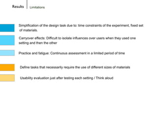 Simplification of the design task due to: time constraints of the experiment, fixed set
of materials.
Results Limitations
...