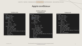 ΚΙΝΗΤΡΟ ΣΚΟΠΟΣ ΜΕΘΟΔΟΛΟΓΙΑ ΠΑΡΑΔΕΙΓΜΑ ΣΥΜΠΕΡΑΣΜΑΤΑ ΜΕΛΛΟΝΤΙΚΗ ΕΡΓΑΣΙΑ
Μοντελοστρεφής ανάπτυξη λογισμικού για IoT συσκευές πραγματικού χρόνου
και χαμηλής κατανάλωσης
13
Οκτώβριος 2021
Σύνδεση sonar
Σύνδεση αισθητήρα
περιβάλλοντος Σύνδεση LED
Αρχείο συνδέσεων
 