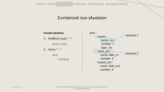 ΚΙΝΗΤΡΟ ΣΚΟΠΟΣ ΜΕΘΟΔΟΛΟΓΙΑ ΠΑΡΑΔΕΙΓΜΑ ΣΥΜΠΕΡΑΣΜΑΤΑ ΜΕΛΛΟΝΤΙΚΗ ΕΡΓΑΣΙΑ
Μοντελοστρεφής ανάπτυξη λογισμικού για IoT συσκευές πραγματικού χρόνου
και χαμηλής κατανάλωσης
7
Οκτώβριος 2021
Συντακτικό των γλωσσών
Γενικοί κανόνες
1. Ανάθεση τιμής “ : ”
name: value
2. Λίστα “ – “
pins:
– attribute
pins :
− power:
name: vcc
number: 1
type : 5v
− input_pin :
name: data_in
number: 3
− output_pin :
name: data_out
number: 4
κανόνας 1
κανόνας 2
 