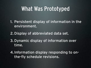 What Was Prototyped
1. Persistent display of information in the
environment.
2. Display of abbreviated data set.
3. Dynamic display of information over
time.
4.Information display responding to on-
the-fly schedule revisions.
 
